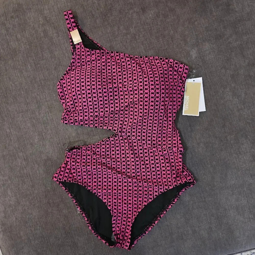 Michael Kors Black Pink Chain Pattern One Shoulder Cutout One Piece Swimsuit 8